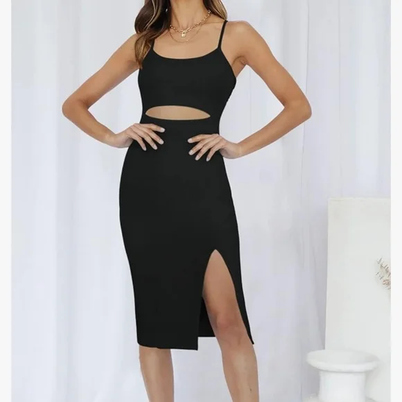 Black Bodycon Midi Dress with Cutout and Slit​​ - Picture 3 of 13